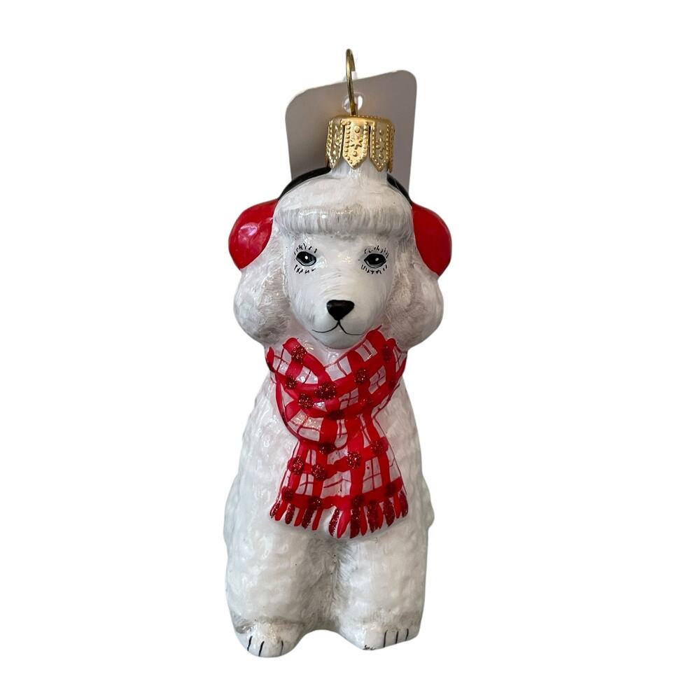 Neiman Marcus White Poodle Wearing Red Scarf & Earmuffs Christmas Ornament NEW